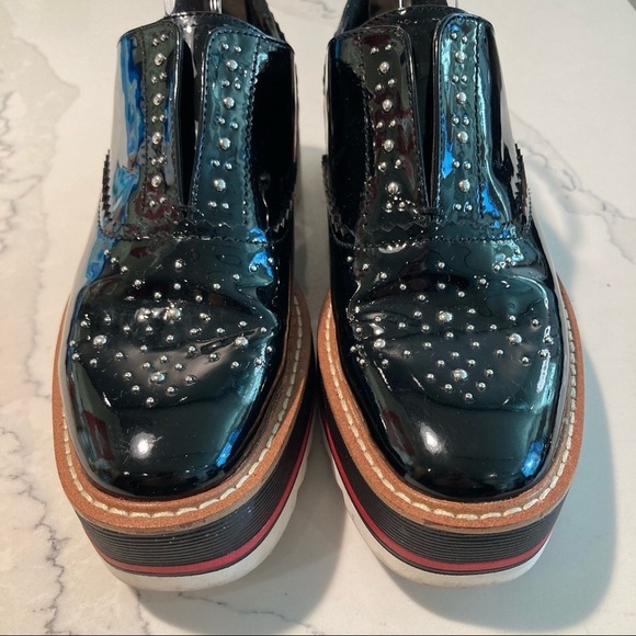 ZARA Sz 38 Patent Leather Studded Brogue Platform Slip On Shoes - Picture 3 of 12